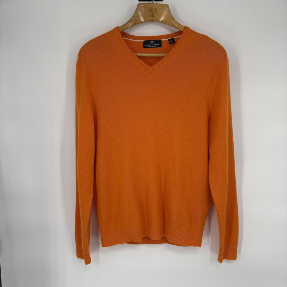 Hart Schaffner Marx Sweater Mens Large Orange 100% Cashmere V‎ Neck Pullover